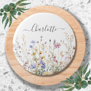 Monogram Watercolor Rustic Pretty Wildflower Field 3 Inch Round Button