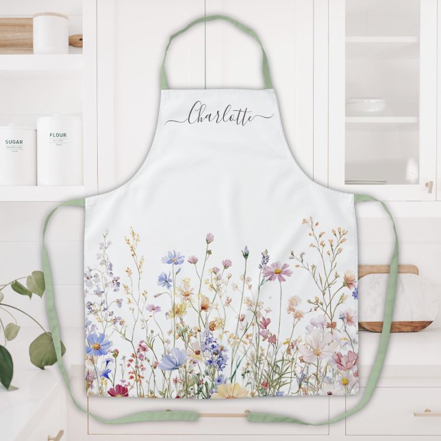Monogram Watercolor Rustic Pretty Wildflower Field Apron (In situ)