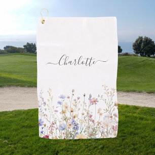 Monogram Watercolor Rustic Pretty Wildflower Field Golf Towel