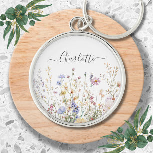 Monogram Watercolor Rustic Pretty Wildflower Field Keychain