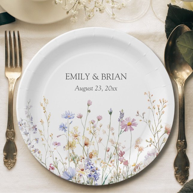 Monogram Watercolor Rustic Pretty Wildflower Field Paper Plate (In situ)