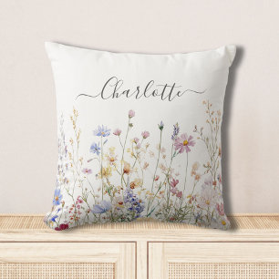 Monogram Watercolor Rustic Pretty Wildflower Field Throw Pillow