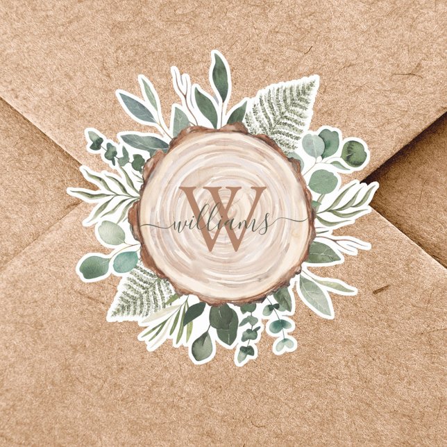 Monogram Watercolor Rustic Wood Slice and Foliage (In situ)