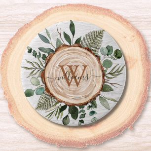 Monogram Watercolor Rustic Wood Slice and Foliage 3 Inch Round Button