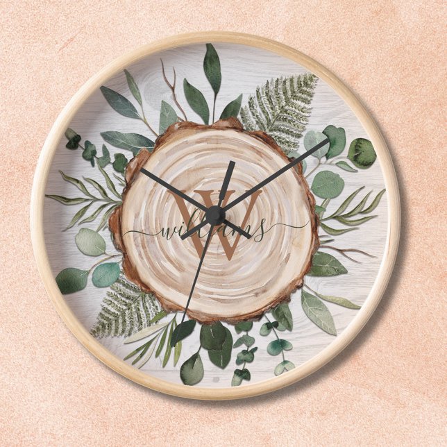 Monogram Watercolor Rustic Wood Slice and Foliage Clock (In situ wall)