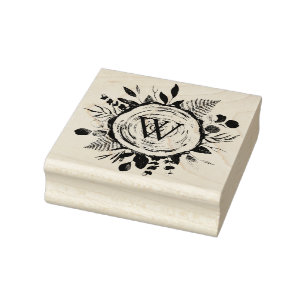 Monogram Watercolor Rustic Wood Slice and Foliage Rubber Stamp