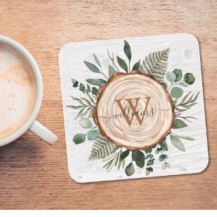 Monogram Watercolor Rustic Wood Slice and Foliage Square Paper Coaster