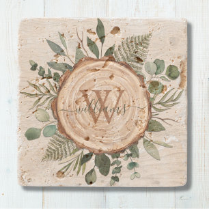 Monogram Watercolor Rustic Wood Slice and Foliage Stone Coaster