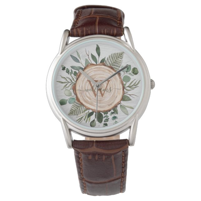 Monogram Watercolor Rustic Wood Slice and Foliage Watch (Front)
