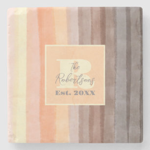 Monogram watercolor stripes brown orange yellow stone coaster