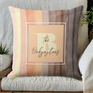 Monogram watercolor stripes orange brown yellow  throw pillow