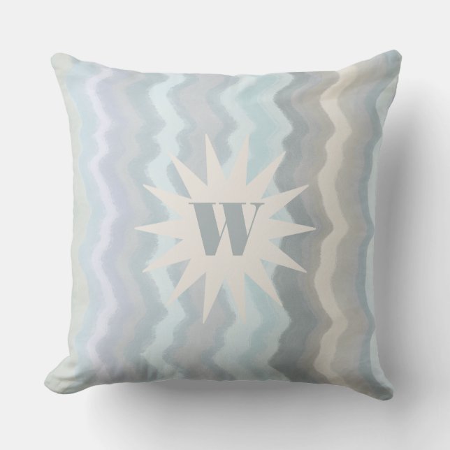 Monogram watercolor stripes teal grey nautical  throw pillow (Front)