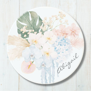 Monogram Watercolor Summer Flower Bouquet Floral Coaster