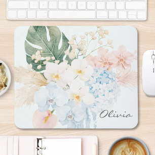 Monogram Watercolor Summer Flower Bouquet Floral Mouse Pad