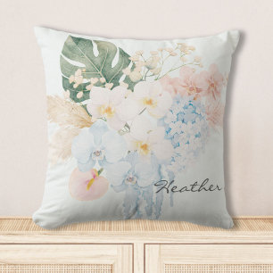 Monogram Watercolor Summer Flower Bouquet Floral Throw Pillow