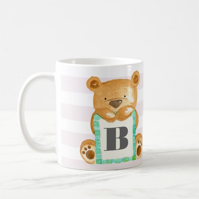 Monogram Watercolor Teddy Bear Personalized Mug (Left)