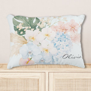 Monogram Watercolor Tropical Flower Bouquet Floral Accent Pillow