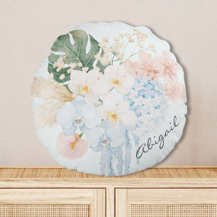 Monogram Watercolor Tropical Flower Bouquet Floral Round Pillow