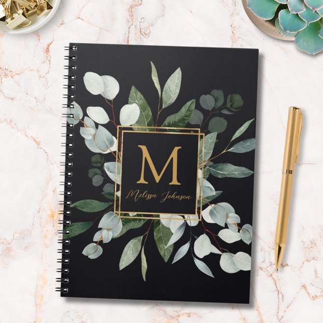 Monogram Watercolor Tropical Green Eucalyptus Notebook (In situ)
