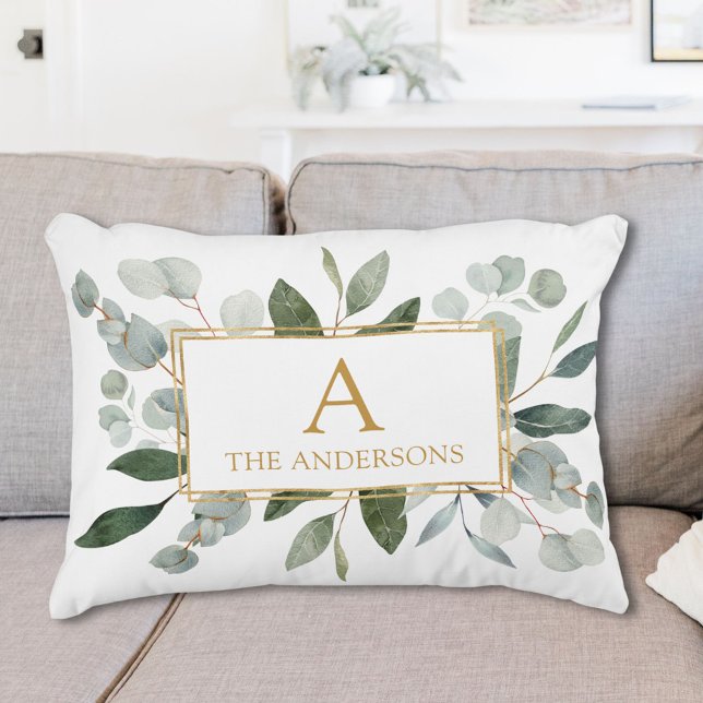 Monogram Watercolor Tropical Green Leaves Accent Pillow (Creator Uploaded)