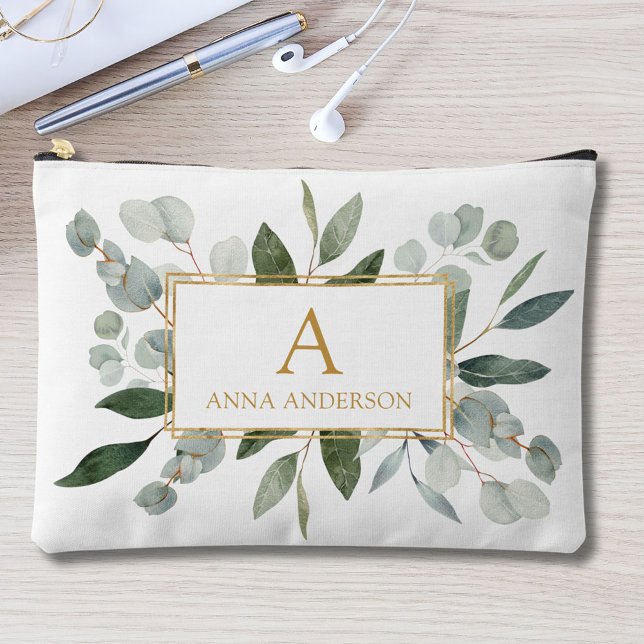 Monogram Watercolor Tropical Green Leaves Accessory Pouch (In situ)