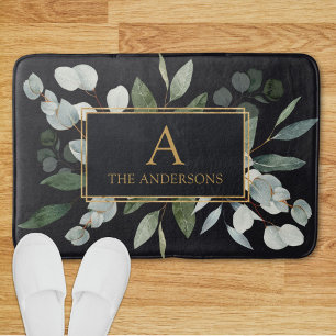 Monogram Watercolor Tropical Green Leaves Black Bath Mat