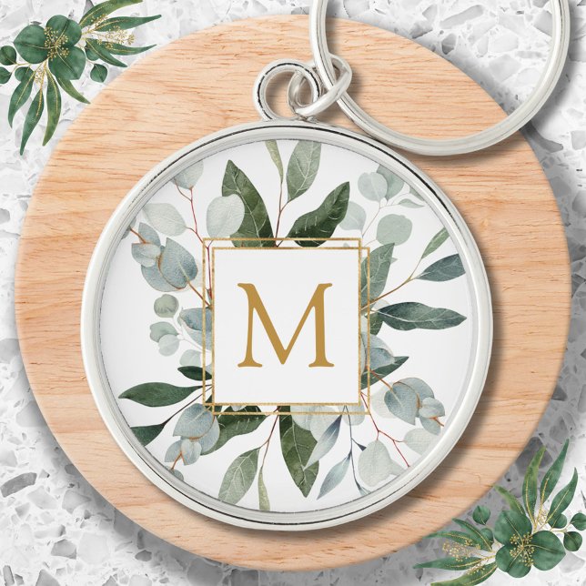 Monogram Watercolor Tropical Green Leaves Keychain (In situ)