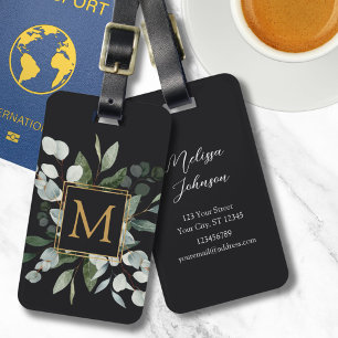 Monogram Watercolor Tropical Green Leaves Luggage Tag