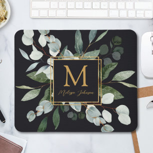 Monogram Watercolor Tropical Green Leaves Mouse Pad