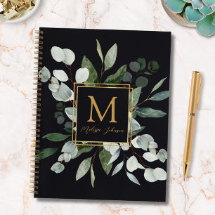 Monogram Watercolor Tropical Green Leaves Notebook