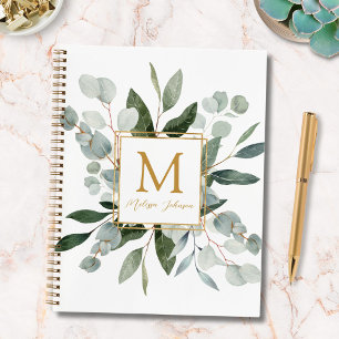 Monogram Watercolor Tropical Green Leaves Notebook