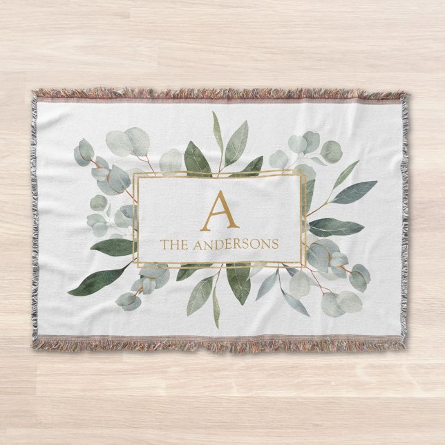 Monogram Watercolor Tropical Green Leaves Throw Blanket (In situ)
