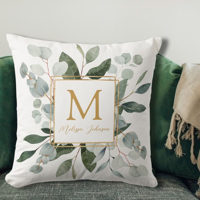 Monogram Watercolor Tropical Green Leaves Throw Pillow (In situ)