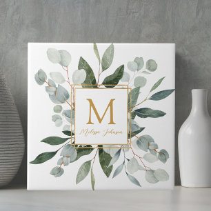Monogram Watercolor Tropical Green Leaves Tile