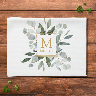Monogram Watercolor Tropical Green Leaves White Kitchen Towel
