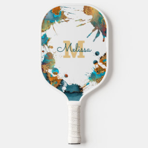 Monogram Watercolor Turquoise Gold Orange Splatter Pickleball Paddle