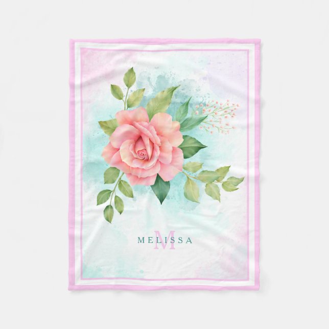 Monogram Watercolor Turquoise Ombre Pink Rose Fleece Blanket (Front)