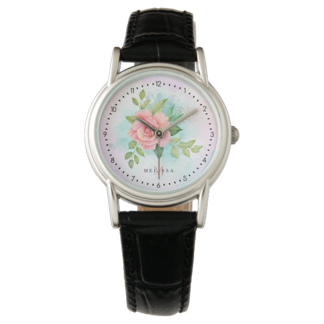 Monogram Watercolor Turquoise Ombre Pink Rose Watch (Front)