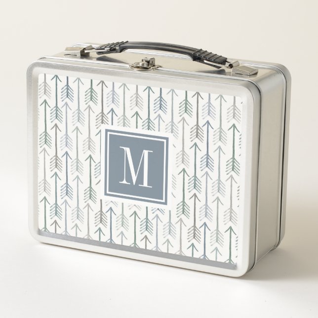 Monogram | Watercolor Wanderlust Arrow Pattern Metal Lunch Box (Front)
