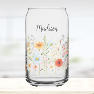 Monogram Watercolor Wild Flowers Floral Botanical Can Glass