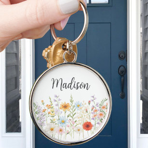 Monogram Watercolor Wild Flowers Floral Botanical Keychain