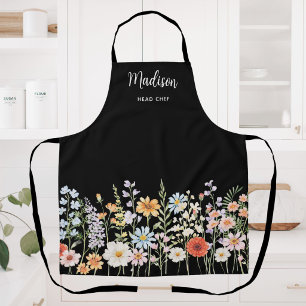 Monogram Watercolor Wild Flowers Floral Cooking Apron