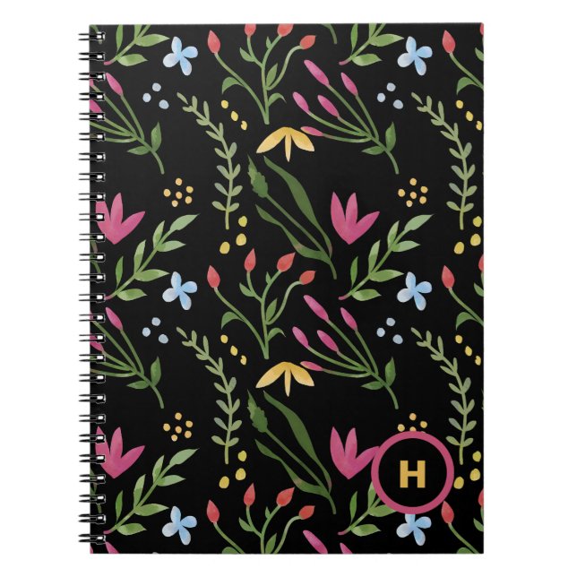 Monogram Watercolor Wildflower Black Botanical Notebook (Front)
