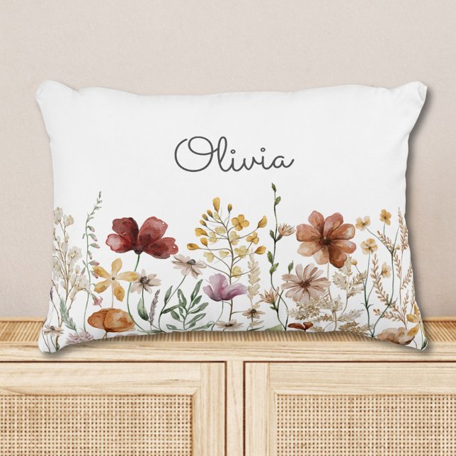 Monogram Watercolor Wildflower Pretty Floral  Accent Pillow (In situ)