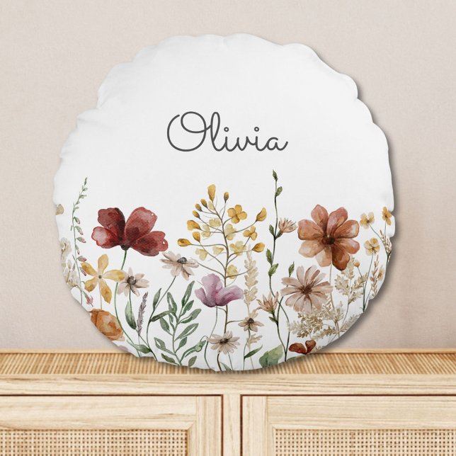 Monogram Watercolor Wildflower Pretty Floral  Round Pillow (In situ)