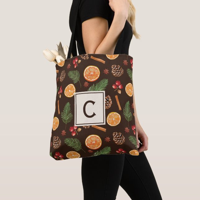 Monogram Watercolor Winter Botanical  Tote Bag (Close Up)