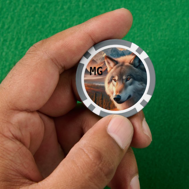 Monogram Watercolor Wolf Poker Chip (Hand)
