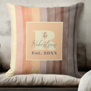 Monogram watercolor yellow orange brown stripes  throw pillow