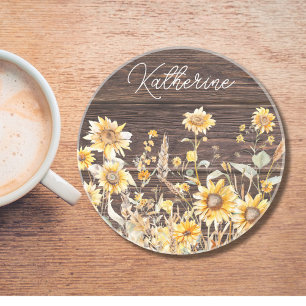 Monogram Watercolor Yellow Sunflower Field Wood Coaster