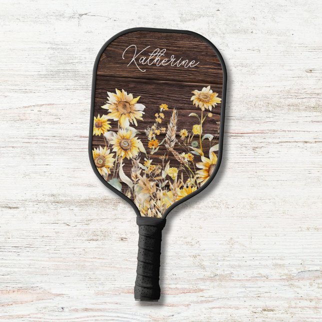 Monogram Watercolor Yellow Sunflower Field Wood Pickleball Paddle (in situ)